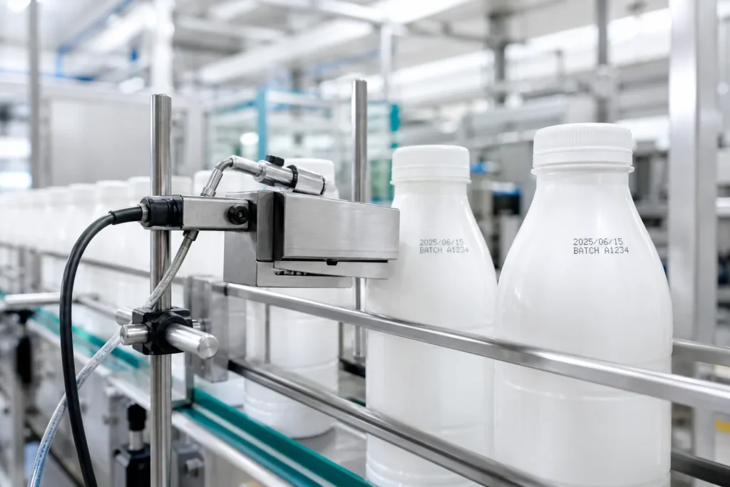 Continuous inkjet printhead coding date and batch information on bottles