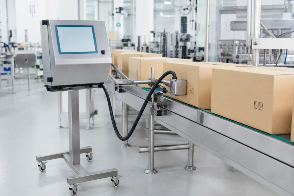 Continuous inkjet printer coding cartons on a packaging line