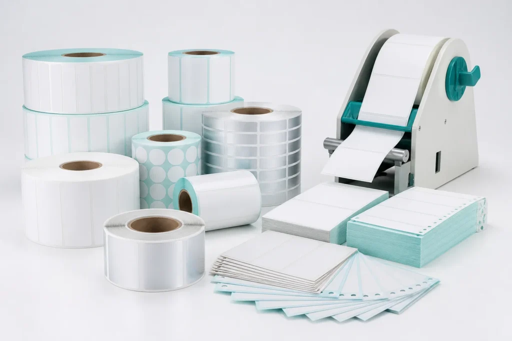 Industrial label rolls and fanfold labels in varied materials and sizes