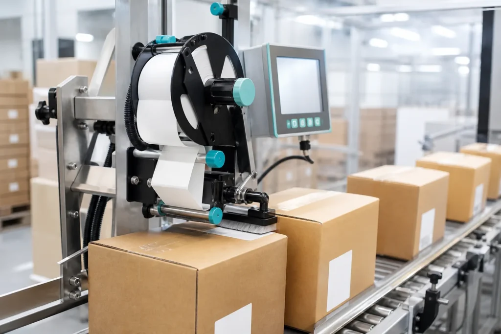 Automatic print-and-apply label applicator labelling cartons on a conveyor