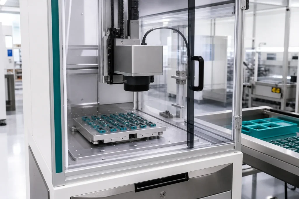 Enclosed laser marking workstation for industrial metal components