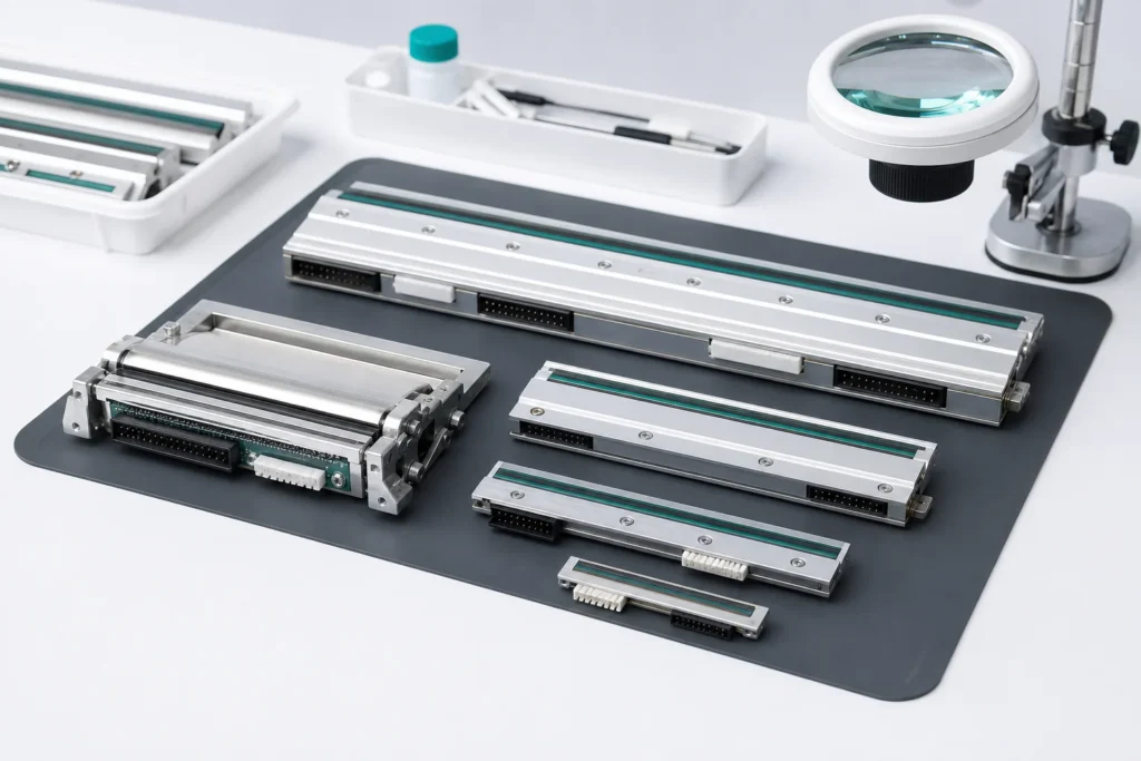 Industrial thermal printheads in several widths on a clean inspection bench