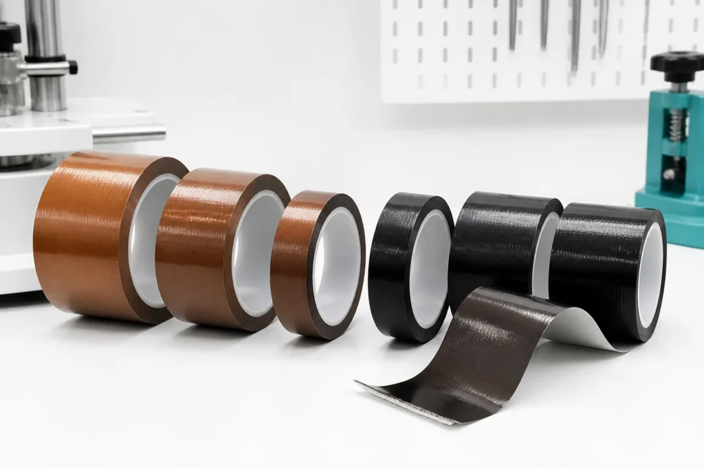 PTFE-coated fiberglass adhesive tape rolls in several widths and colours