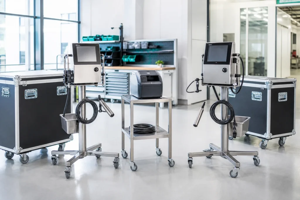 Industrial coding and label printing equipment prepared for rental deployment