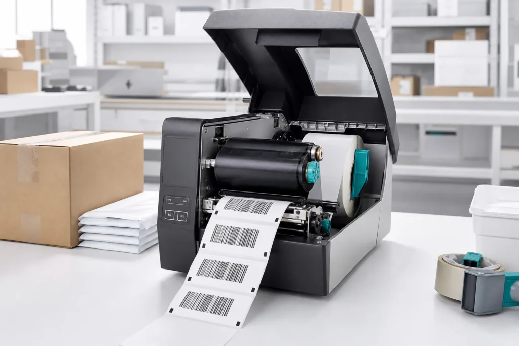Thermal transfer barcode label printer with ribbon and label media loaded