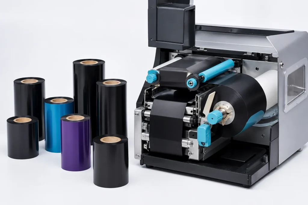 Thermal transfer ribbon rolls beside an industrial label printer
