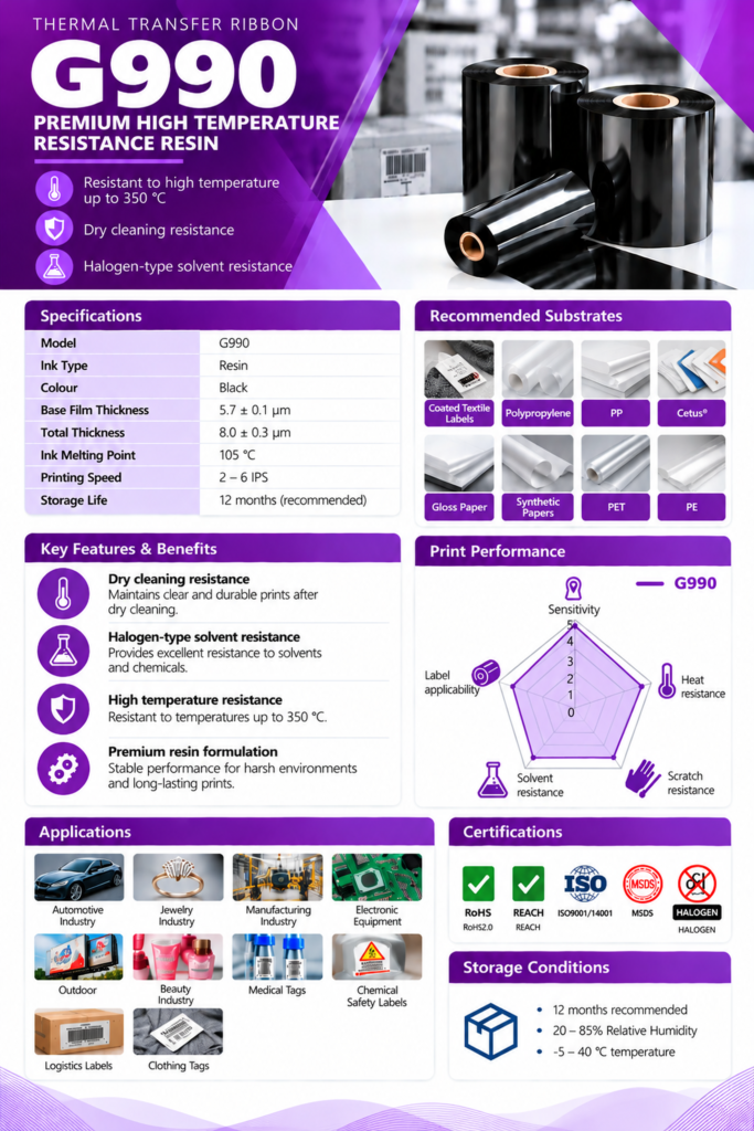 Customer-supplied product catalogue artwork for G990; confirm final material and process suitability during quotation.