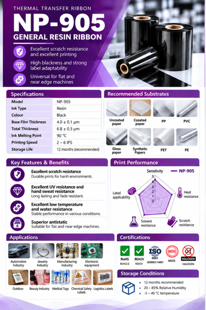 Customer-supplied product catalogue artwork for NP-905; confirm final material and process suitability during quotation.