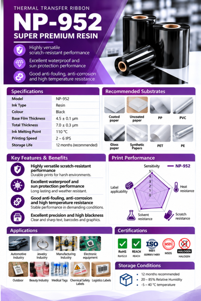 Customer-supplied product catalogue artwork for NP-952; confirm final material and process suitability during quotation.