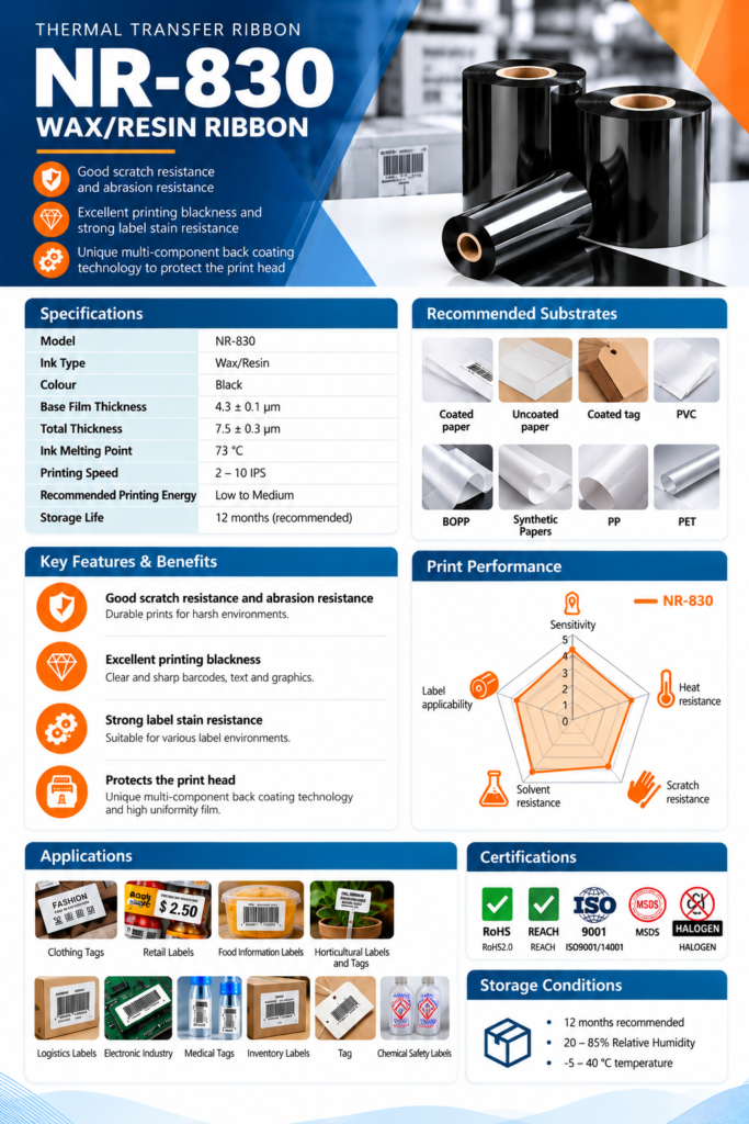 Customer-supplied product catalogue artwork for NR-830; confirm final material and process suitability during quotation.