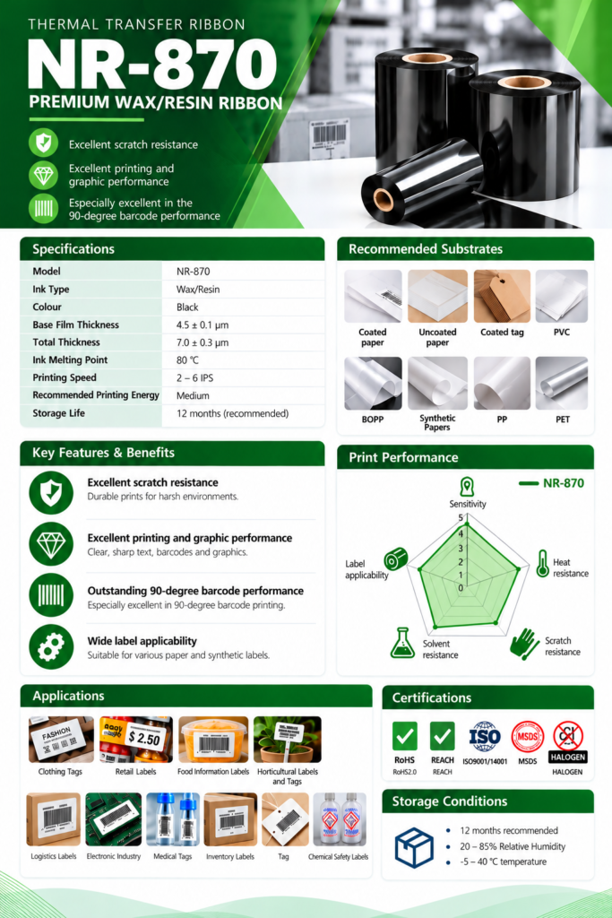 Customer-supplied product catalogue artwork for NR-870; confirm final material and process suitability during quotation.