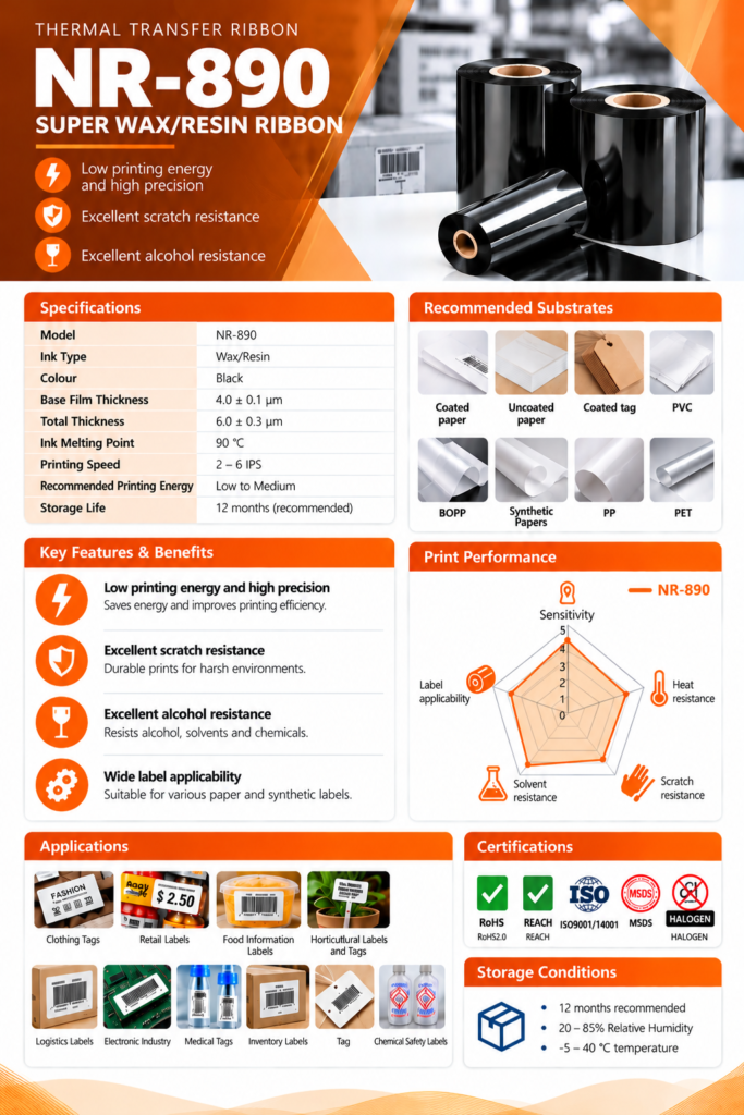 Customer-supplied product catalogue artwork for NR-890; confirm final material and process suitability during quotation.