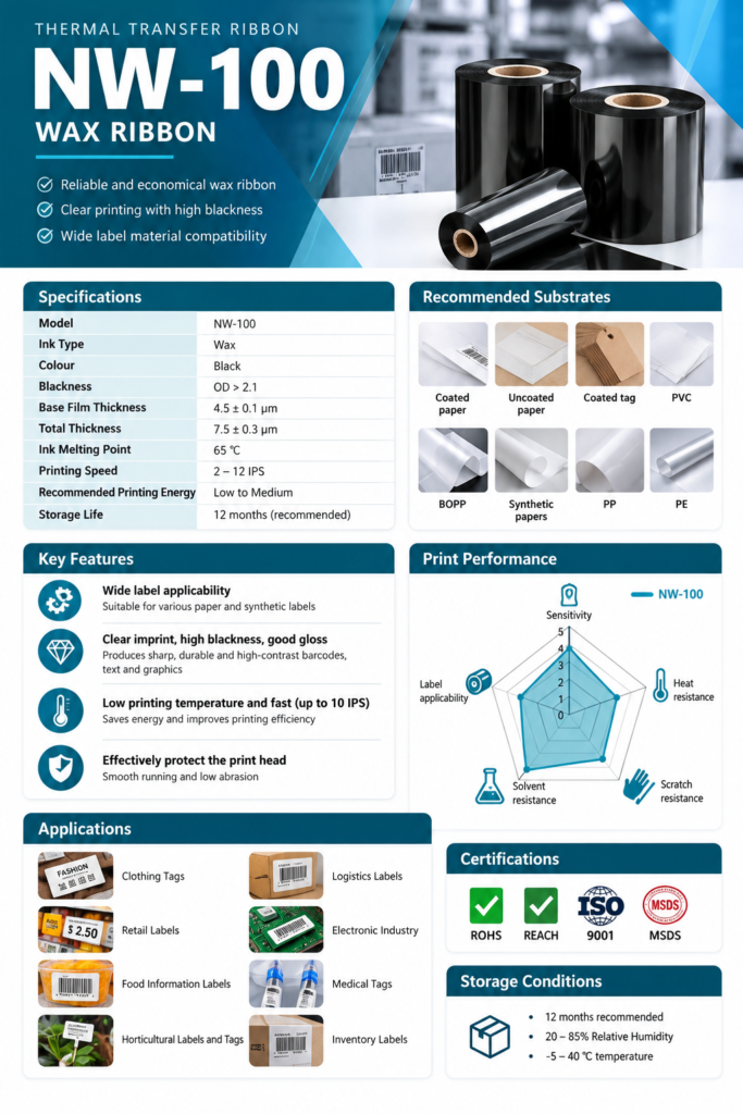 Customer-supplied product catalogue artwork for NW-100; confirm final material and process suitability during quotation.