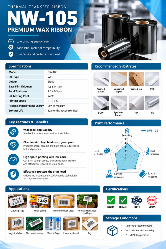 Customer-supplied product catalogue artwork for NW-105; confirm final material and process suitability during quotation.