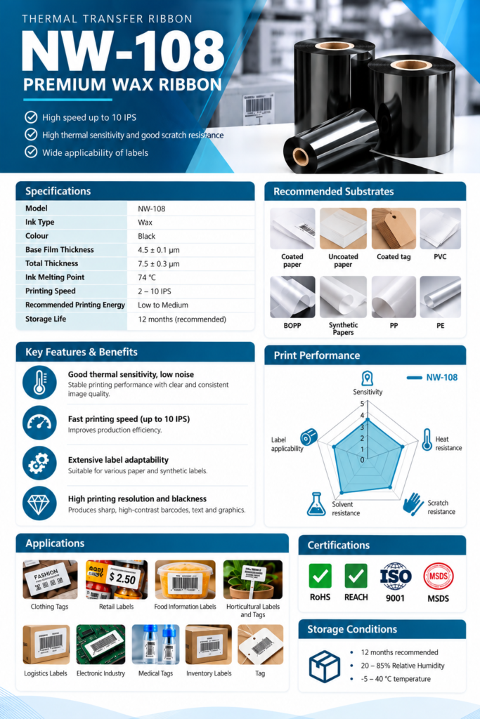 Customer-supplied product catalogue artwork for NW-108; confirm final material and process suitability during quotation.